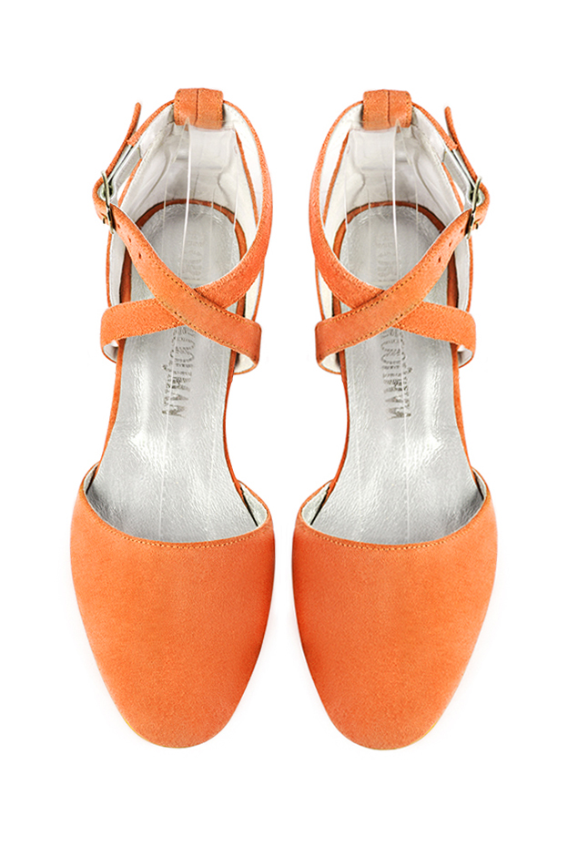 Apricot orange women's ballet pumps, with flat heels. Round toe. Flat block heels. Top view - Florence KOOIJMAN